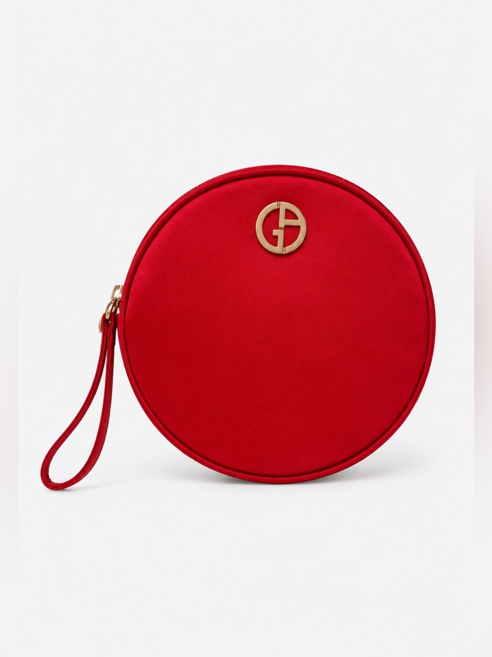 Giorgio Armani Beauty Red Round Satin Cosmetic Clutch GA Logo Bag